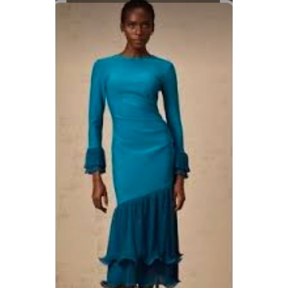 Miss Rosier Teal Blue Long Sleeve Pleated Mermaid Midi Dress NWT Large